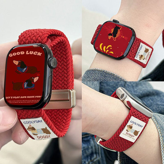 Good Luck Dachshund series Red knitted elastic Apple Watch strap