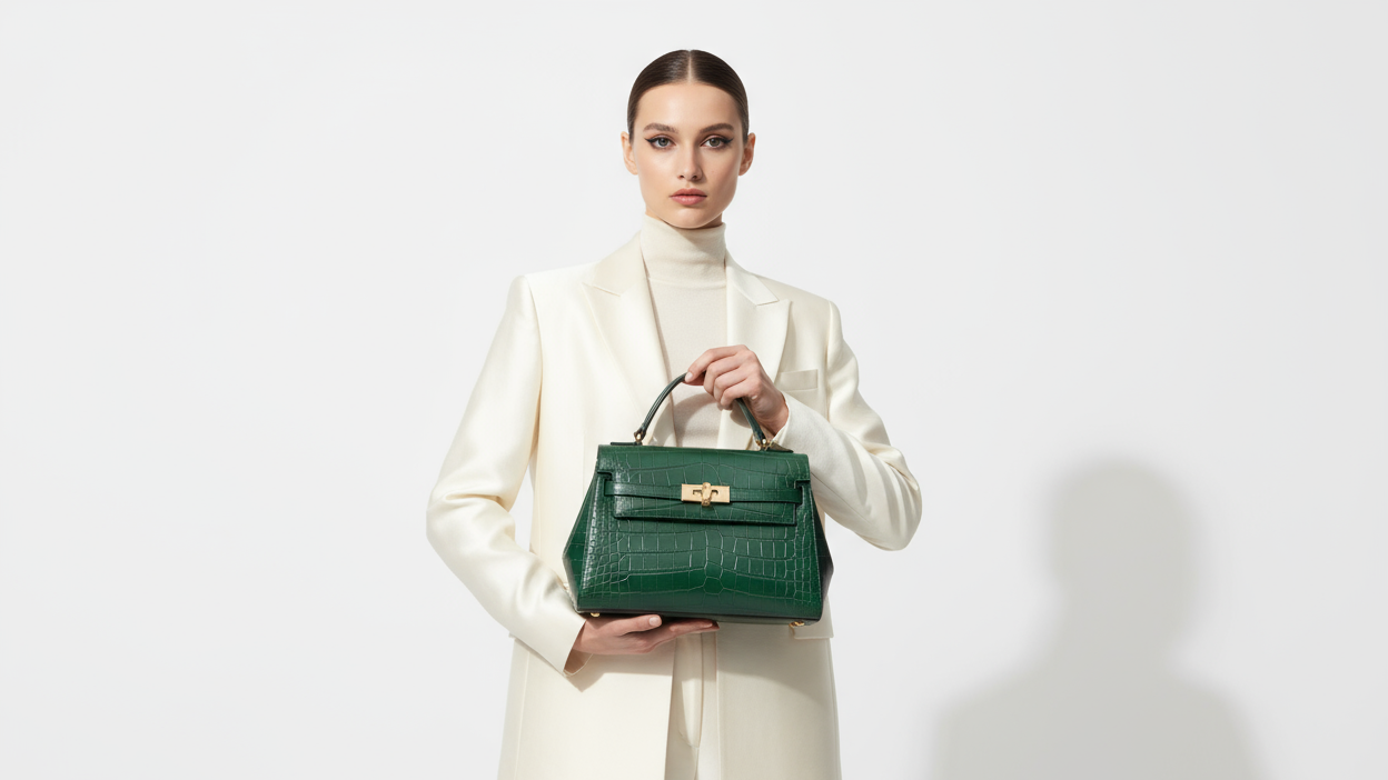 一个提着奢侈包包的模特，奢侈极简风格，可以摆出合适的姿势要求体现产品奢侈